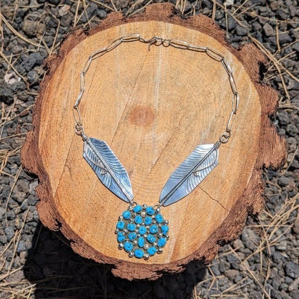 Native American Chain Necklace Handmade Cluster Turquoise 2 Large Leaves*** - Picture 3 of 11